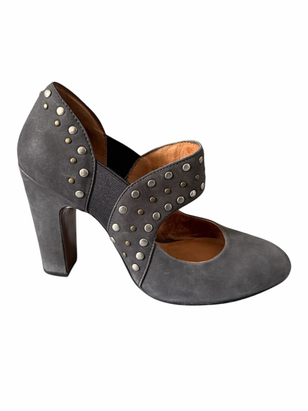 Rosegold Black Gray Studded Leather Mary Jane Heel Slip On Indie Sleeze Boho 37